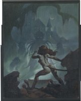 ! SEXY FEMALE WARRIOR CONFRONTS DEMONS - HUGE MIKE HOFFMAN OIL PAINTING - SIGNED AND DATED 2002 - PUBLISHED?